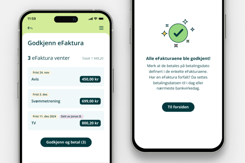 Illustrasjon fra mobilbank hvor du godkjenner flere fakturaer
