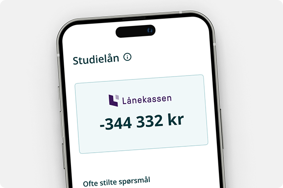 Mobilskjerm som viser en oversikt over studielån i mobilbanken, med Lånekassen-logo og en negativ saldo